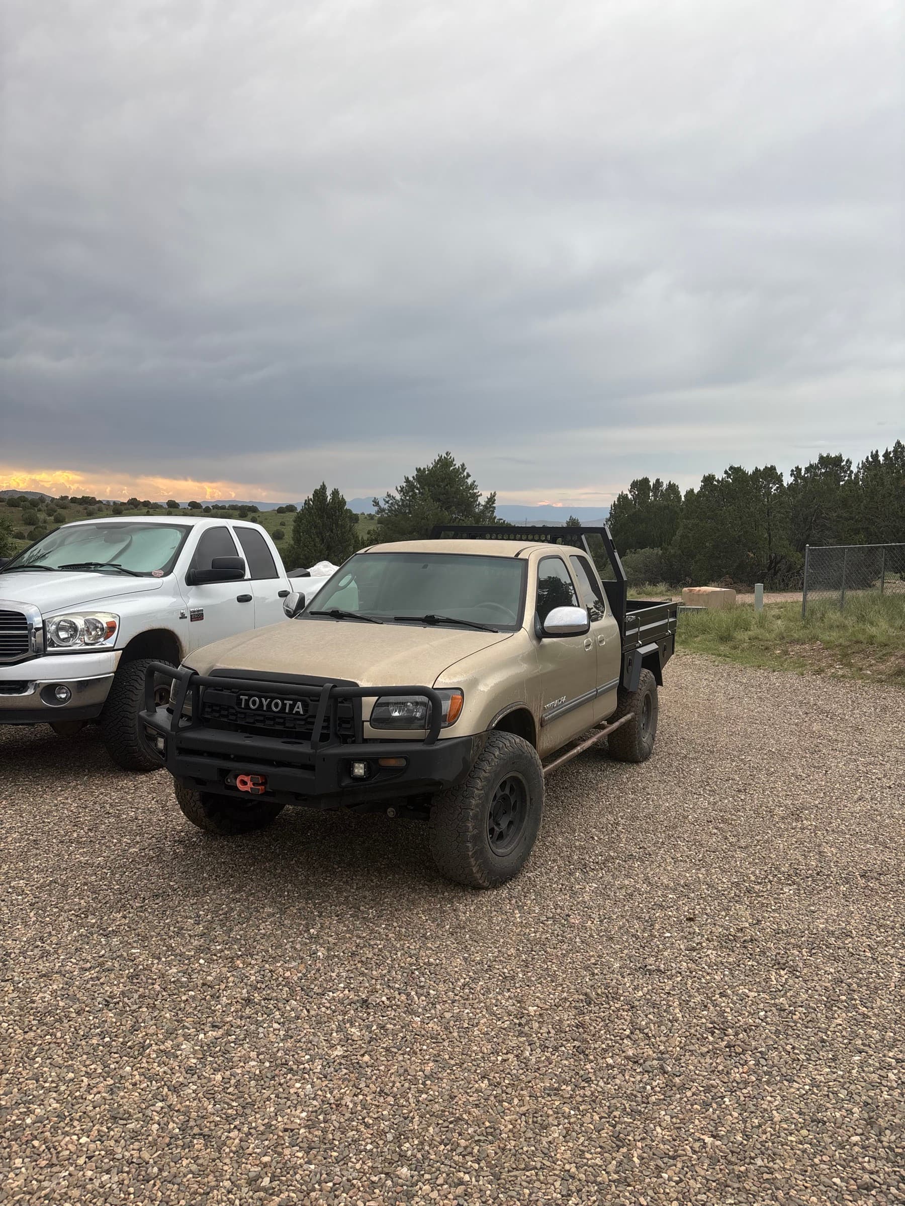 Tan 2003 Toyota Tundra Access Cab with a black aluminum flatbed tray and bull bar, parked on gravel at dusk